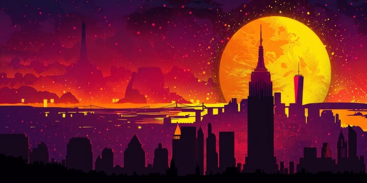 Fantasy Cityscape with Giant Sun Setting Behind Urban Skyline, Surreal Sunset with Vibrant Colors and Silhouetted Buildings
