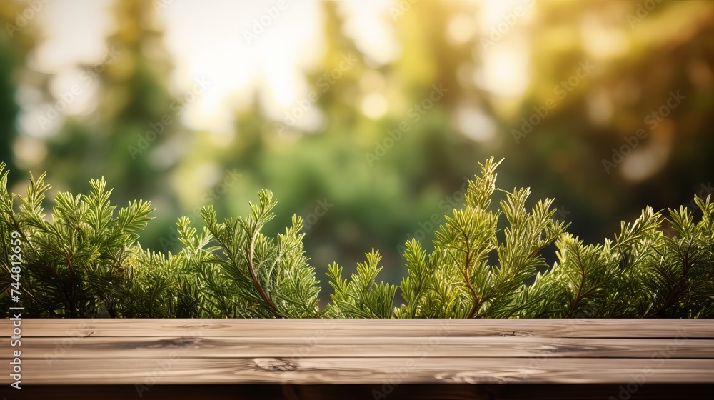 Poster wooden table. spring design with pine forest and empty display. space for your montage