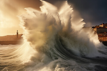 Big stormy wave splash. Porto, Portugal - obrazy, fototapety, plakaty