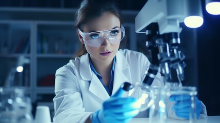 Young female scientist working at the laboratory. Close-up of serious laboratory worker holding ampoule in front of eyes and examines contents. Scientist in protection gloves eyewear and white coat