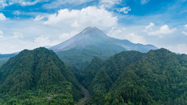 aerial view of Mount Merapi is the most active volcano in Indonesia located in the central part of Java Island in Sleman Regency, Yogyakarta