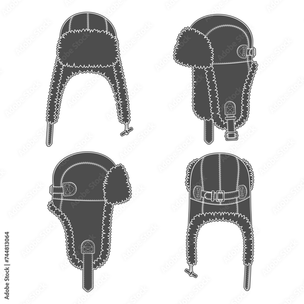 Poster set of black and white illustrations with flying cap with earflaps. isolated vector objects on white