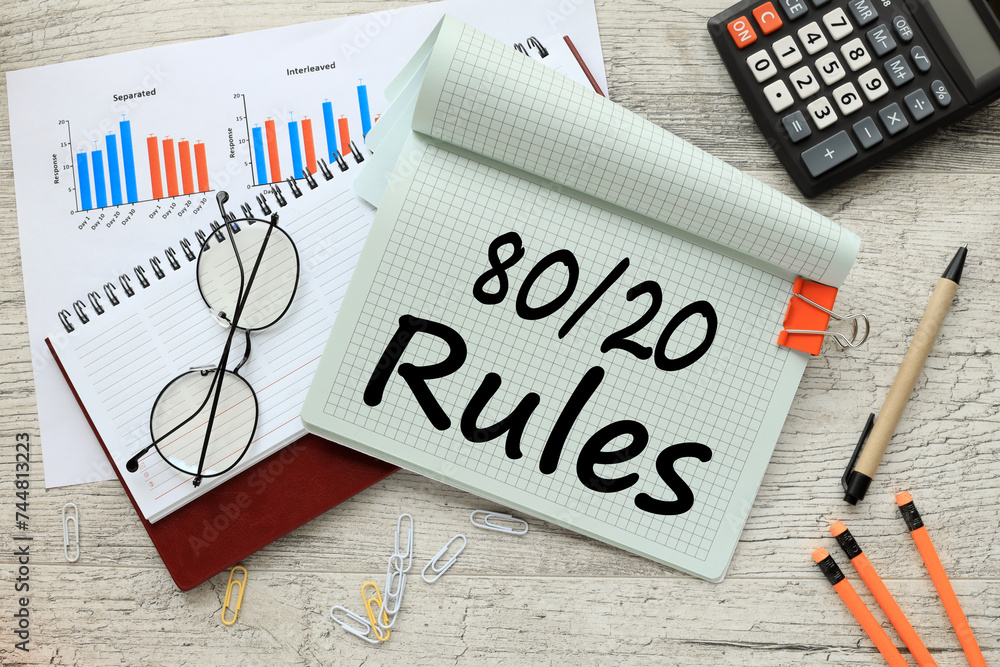 Poster top view of diary and notepad with text phrase 8020 rule