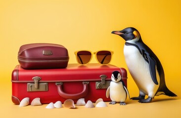 Penguins with a suitcase and travel accessories on a yellow background. Preparing for summer vacation, traveling with family or friends.
