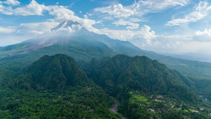 aerial view of Mount Merapi is the most active volcano in Indonesia located in the central part of...