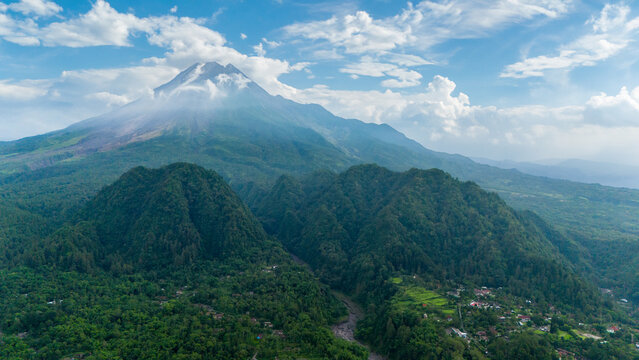 aerial view of Mount Merapi is the most active volcano in Indonesia located in the central part of Java Island in Sleman Regency, Yogyakarta