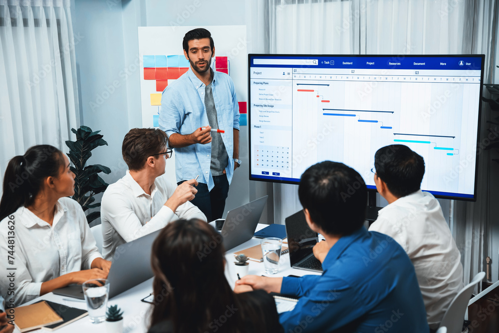 Poster project manager communicate and collaborate with team using project management software display on m