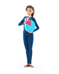 3d cartoon businesswoman standing with pie chart