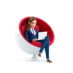 3d cartoon businesswoman sitting in spherical chair with laptop