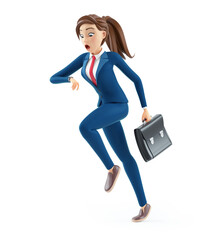 3d cartoon businesswoman with briefcase running late