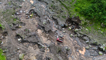 aerial view of sand and stone mining on the slopes of Mount Merapi in Sleman Regency, Yogyakarta