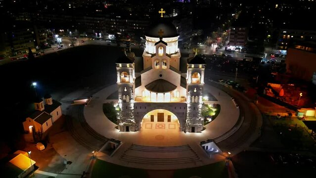 Cathedral of the Resurrection at night, Podgorica, Montenegro, Aerial view