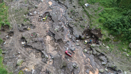 aerial view of sand and stone mining on the slopes of Mount Merapi in Sleman Regency, Yogyakarta