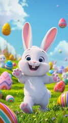 A cartoon bunny standing in a field of easter eggs