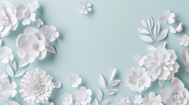 A blue background with paper flowers and butterflies