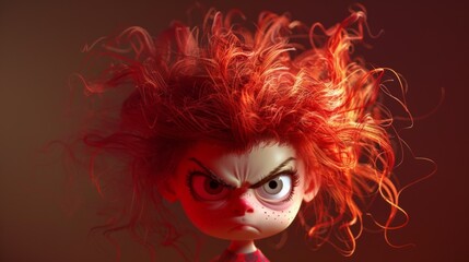 A close up of a doll with red hair