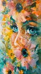 A painting of a woman with flowers on her face