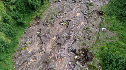 aerial view of sand and stone mining on the slopes of Mount Merapi in Sleman Regency, Yogyakarta