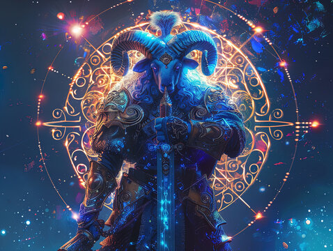 Medieval knight in armor. Portrait of gigantic cute aries deity warrior in a shining armor holding the pitcher. There is a geometric cosmic mandala zodiac style made of lights in the background