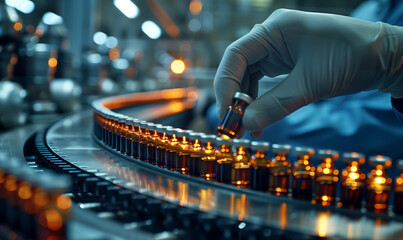 Pharmacist scientist with sanitary gloves examining medical vials on a production line conveyor belt in a pharmaceutical factory with Generative AI. - obrazy, fototapety, plakaty
