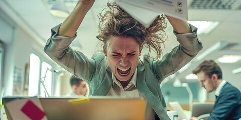 Workplace harassment concept with employees arguing and fighting - obrazy, fototapety, plakaty