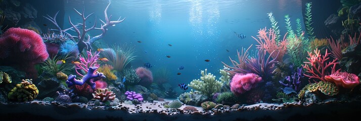 Fototapeta na wymiar Tropical aquarium filled with blue water, coral reef, and tropical fish