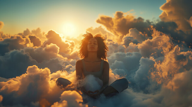 A young afro American woman sitting on clouds in the sky on a dreamy scene meditating practicing yoga. Stress, mindfulness, tranquility and relaxation, state of mind meditation concept
