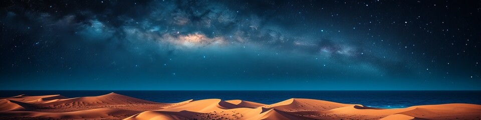 Wide Panoramic View of a Starry Night Sky over Sand Dunes with Glowing Horizon, Serene Desert Under Celestial Beauty
