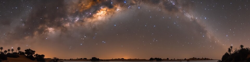 Expansive Night Sky Panorama Featuring the Milky Way Arching over a Serene Landscape with City Lights on the Horizon