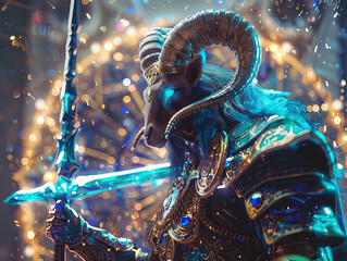 Obraz premium Medieval knight in armor. Portrait of gigantic cute Capricorn deity warrior in a shining armor holding the pitcher. There is a geometric cosmic mandala zodiac style made of lights in the background