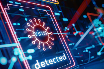 Cybersecurity alert with neon virus graphic on digital screen says virus detected