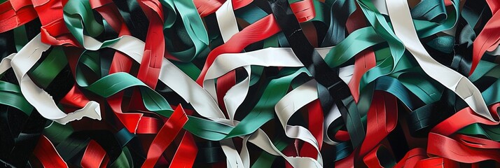Abstract Ribbons flag design in White, black, red, green for Iraq, Ethiopia, Ghana, Jordan, Kenya, Kuwait, Libya, Palestine, Sudan, Somaililand, Syrian Arab Republic, United Arab Emirates,  - obrazy, fototapety, plakaty