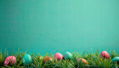 Easter background, colored easter eggs lying in the grass, field flowers, easter flowers background, fresh green spring Easter background with painted eggs on a green grass