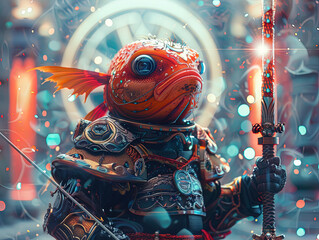 Medieval knight in armor. Portrait of gigantic cute fish deity warrior in a shining armor holding the pitcher. There is a geometric cosmic mandala zodiac style made of lights in the background