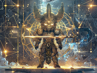Medieval knight in armor. Portrait of gigantic cute Gemini deity warrior in a shining armor holding the pitcher. There is a geometric cosmic mandala zodiac style made of lights in the background