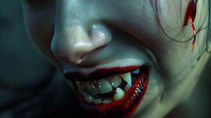 Close-up of a vampire's bloody mouth and fangs