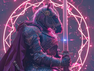 Medieval knight in armor. Portrait of gigantic cute goat deity warrior in a shining armor holding the pitcher. There is a geometric cosmic mandala zodiac style made of lights in the background