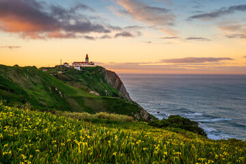 View of the Cabo da Roca lighthouse. Sintra, Portugal. Cape Cabo da Roca, the westernmost point of...