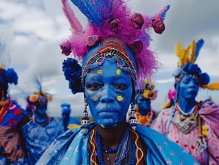 An ancient tribe of woman paint in blue color in native costumes and characteristic jewelry of their community