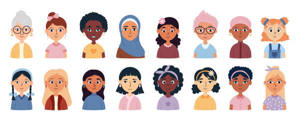 Set of women avatars with different hairstyles, skin colors, ethnicities and age. International Women's Day. Inspire inclusion. Cartoon vector illustration