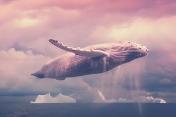 Creative concept made of humpback whale flying through the clouds, pink tone