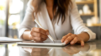 Gros plan sur une femme d'affaires en train de signer un document numérique sur une tablette.