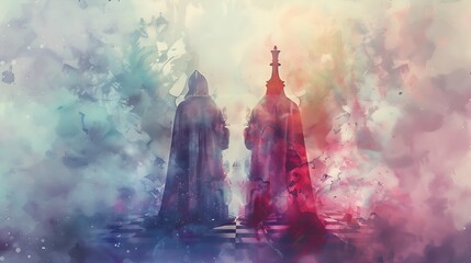 neon whispers: chess in watercolor mist