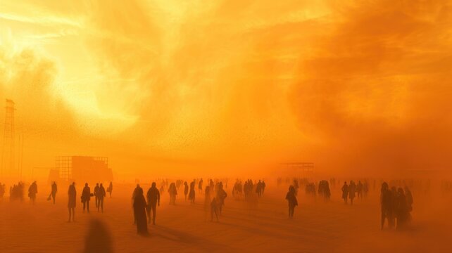 Majestic Sandstorm Enveloping a Desert Town at swirling clouds of sand, © Anna