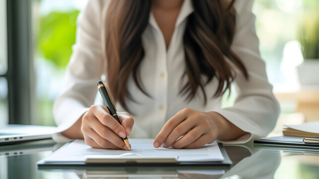 Gros plan sur une femme d'affaires en train de signer un contrat.