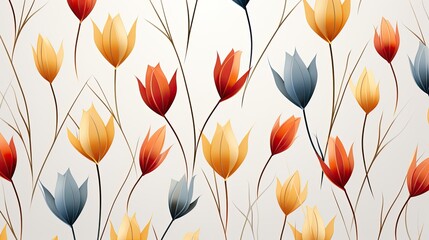 Ornament of tulips in pastel colors, a simple drawing with paints for printing on fabric or paper. Colorful stylized tulips pattern, wallpaper, texture, art. Spring tulips wallpaper design.