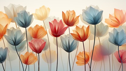 Ornament of tulips in pastel colors, a simple drawing with paints for printing on fabric or paper. Colorful stylized tulips pattern, wallpaper, texture, art. Spring tulips wallpaper design.