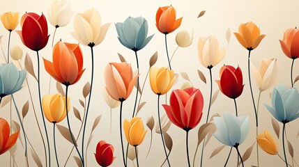 Ornament of tulips in pastel colors, a simple drawing with paints for printing on fabric or paper. Colorful stylized tulips pattern, wallpaper, texture, art. Spring tulips wallpaper design.