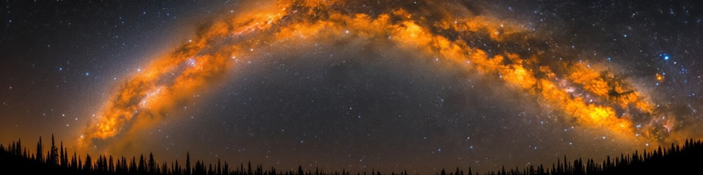 Majestic Fiery Arc of the Milky Way Galaxy Over a Silhouetted Pine Forest, a Panoramic Nighttime Spectacle