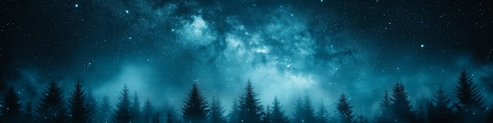 Mystical Night Sky Over Silhouetted Pine Forest with Ethereal Celestial Clouds - obrazy, fototapety, plakaty